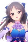  1girl blue_dress blush bow brown_eyes brown_hair detached_sleeves dress hair_bow ho-cki idolmaster idolmaster_cinderella_girls idolmaster_cinderella_girls_starlight_stage jewelry long_hair looking_at_viewer open_mouth smile solo tachibana_arisu tiara white_background 