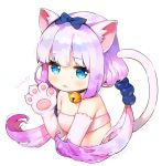  1girl :3 animal_ears artist_name ayami_(annahibi) bandeaou bandeau bangs bare_shoulders beads bell bell_collar blue_bow blue_eyes bow cat_ears cat_tail collar eyebrows_visible_through_hair hair_beads hair_bow hair_ornament jingle_bell kanna_kamui kobayashi-san_chi_no_maidragon long_hair looking_at_viewer low_twintails paw_pose paws signature simple_background solo tail twintails upper_body white_background 