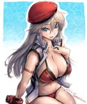  1girl alisa_ilinichina_amiella amania_orz artist_name beret bikini blue_eyes blush breasts cleavage dated gloves god_eater god_eater_burst hat jacket jewelry large_breasts long_hair navel open_clothes open_jacket open_mouth red_bikini ring silver_hair simple_background sleeveless solo swimsuit twitter_username 