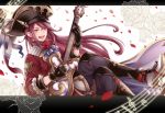  030ravie 1boy aoidos boots character_request feathers flower gloves granblue_fantasy guitar hat high_heel_boots high_heels instrument long_hair male_focus musical_note open_mouth petals redhead rose sitting solo teeth 