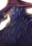  1boy aletheia_(granblue_fantasy) beard blue_eyes donarudo facial_hair granblue_fantasy hat long_hair male_focus mustache portrait simple_background solo white_background white_hair wizard_hat 