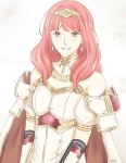  1girl bare_shoulders breastplate cape celica_(fire_emblem) curly_hair fire_emblem fire_emblem_echoes:_mou_hitori_no_eiyuuou fire_emblem_gaiden gloves hakirino highres looking_at_viewer pink_hair signature simple_background solo tiara white_background 
