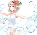  1girl bare_shoulders blue_eyes blush breasts brown_hair bubble dress flower gorua_(youce01) hair_flower hair_ornament love_live! love_live!_sunshine!! medium_breasts panties revision short_hair solo underwear watanabe_you white_background white_dress 