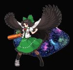  1girl arm_cannon bangs black_background black_hair black_legwear black_shoes black_wings bow cape clenched_hand closed_mouth eyebrows_visible_through_hair feathered_wings full_body green_bow green_skirt hair_bow kneehighs long_hair pixel_art puffy_short_sleeves puffy_sleeves red_eyes reiuji_utsuho shoes short_sleeves simple_background skirt solo standing takorin third_eye touhou very_long_hair weapon wings 