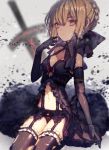  1girl babydoll bangs black_dress black_gloves black_legwear blonde_hair blurry bow bow_panties braid character_name closed_mouth cowboy_shot dark_excalibur depth_of_field dress elbow_gloves eyebrows_visible_through_hair fate/stay_night fate_(series) french_braid garter_belt garter_straps gloves lace lace-trimmed_panties lingerie looking_at_viewer panties red_bow saber saber_alter sidelocks solo thigh-highs thighs underwear yasiromann yellow_eyes 
