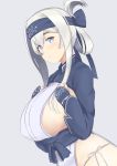  1girl ainu_clothes bandage bandanna black_legwear blue_eyes breasts cropped_jacket dress folded_ponytail hands_on_own_chest headband highres kamoi_(kantai_collection) kantai_collection large_breasts leaning_forward long_hair looking_at_viewer nao_(ritsancrossover) panties parted_lips pelvic_curtain side-tie_panties side_slit sideboob sidelocks sleeveless sleeveless_dress thigh-highs underwear white_dress wrist_guards 