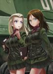  2girls abazu-red bangs black_hair black_skirt blue_eyes clara_(girls_und_panzer) clipboard closed_mouth commentary cowboy_shot girls_und_panzer green_jacket ground_vehicle highres holding jacket long_hair long_sleeves looking_at_viewer looking_back looking_to_the_side military military_uniform military_vehicle miniskirt motor_vehicle multiple_girls nonna parted_lips pleated_skirt pravda_military_uniform red_shirt shirt skirt standing swept_bangs tank turtleneck twitter_username uniform vest walking 