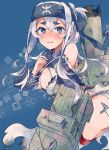  1girl ainu_clothes blue_background blue_eyes breasts cleavage cropped_jacket damaged folded_ponytail headband itomugi-kun kamoi_(kantai_collection) kantai_collection long_hair looking_at_viewer sidelocks smokestack solo thick_eyebrows torn_clothes upper_body white_hair wrist_guards 