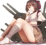  1girl ankle_wraps barefoot breasts brown_eyes brown_hair cannon fairy_(kantai_collection) hair_between_eyes hair_ribbon ise_(kantai_collection) japanese_clothes kantai_collection kneehighs large_breasts looking_at_viewer machinery nontraditional_miko ponytail ribbon sandals short_hair simple_background sitting thighs undershirt utopia 