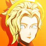  1girl blonde_hair blue_eyes close-up face high_ponytail long_hair looking_at_viewer mechanical_halo mercy_(overwatch) orange_background overwatch portrait sijia_wang simple_background solo 