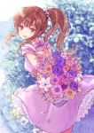  1girl bare_shoulders blush bouquet bow brown_eyes brown_hair dress eyebrows_visible_through_hair flower holding holding_bouquet medium_hair nagidango open_mouth original ponytail purple_bow purple_dress smile solo 