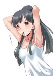  1girl armpits arms_up bangs breasts brown_eyes camisole cleavage collarbone eyebrows_visible_through_hair grey_hair hair_tie idolmaster idolmaster_cinderella_girls kobayakawa_sae long_hair mouth_hold ponytail simple_background small_breasts solo tying_hair upper_body white_background youhei_(testament) 