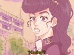  1girl anchor_symbol building derivative_work diamond_wa_kudakenai earrings eyebrows eyelashes genderswap genderswap_(mtf) higashikata_jousuke jewelry jojo_no_kimyou_na_bouken open_mouth pompadour ponytail portrait purple_hair screencap_redraw solo stud_earrings subtitled tree violet_eyes wallfloristry 