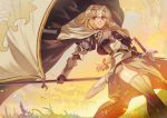  1girl armor blonde_hair blue_eyes bluelimelight blush braid breasts falg fate/apocrypha fate_(series) gauntlets helmet long_hair looking_at_viewer medium_breasts naro0427 ruler_(fate/apocrypha) sheath sheathed smile solo standing sword thigh-highs weapon 