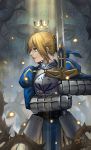 1girl ahoge armor armored_dress artist_request blonde_hair blonde_hiar blouse fate/stay_night fate_(series) green_eyes highres saber sword weapon 