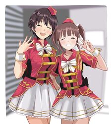  2girls :d ^_^ bangs black_hair blush breasts brown_hair closed_eyes cowboy_shot eyebrows_visible_through_hair facing_viewer garrison_cap grin hand_up hat idolmaster idolmaster_cinderella_girls large_breasts looking_at_viewer mini_hat multiple_girls official_style ogata_chieri oikawa_shizuku open_mouth parted_lips short_hair sidelocks skirt smile tears teeth twintails v white_skirt wrist_cuffs youhei_(testament) 