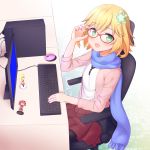  &gt;:o 3girls :3 :o ahoge bat_hair_ornament blonde_hair blue_screen_of_death cardigan casual chair chisaki_tapris_sugarbell commentary_request computer computer_mouse cpu desk faubynet figure flower gabriel_dropout glasses green_eyes hair_flower hair_ornament hair_rings hands_up highres holding holding_glasses instrument keyboard kurumizawa_satanichia_mcdowell leggings long_scarf looking_at_viewer monitor multiple_girls nendoroid open_mouth pantyhose pink_cardigan pleaded_skirt pleated_skirt redhead scarf school_uniform screen short_hair sitting skirt sleeves_past_elbows smile sparkle tenma_gabriel_white white_background 
