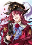  1boy aoidos artist_name character_request dated feathers flower gloves granblue_fantasy hat leaf long_hair male_focus one_eye_closed open_mouth petals portrait red_eyes redhead rose solo teeth 