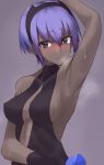  1girl arm_up armpits assassin_(fate/prototype_fragments) bangs black_bodysuit black_gloves black_hairband blush bodysuit breasts center_opening collarbone dark_skin embarrassed fate/prototype fate/prototype:_fragments_of_blue_and_silver fate_(series) gloves hair_between_eyes hairband heavy_breathing medium_breasts nose_blush open_mouth purple_background purple_hair short_hair shunichi sideboob simple_background solo sweat upper_body violet_eyes 