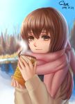  1girl absurdres blush brown_coat brown_eyes brown_hair can coat highres holding holding_can looking_at_viewer original pink_scarf scarf shon short_hair smile snow solo steam winter_clothes winter_coat 