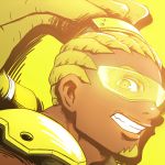  1boy armor brown_hair close-up dark_skin dark_skinned_male face facial_hair from_side green_background green_eyes hairlocs long_hair looking_at_viewer lucio_(overwatch) overwatch ponytail portrait shoulder_armor sijia_wang simple_background solo visor 