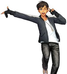  1boy ;d black_gloves black_hair dark_skin dark_skinned_male fingerless_gloves gloves grey_eyes jacket male_focus one_eye_closed open_mouth phichit_chulanont smile v v_over_eye whitemop_jog yuri!!!_on_ice 