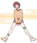  1girl :d blush brown_hair character_name full_body honda_mio idolmaster idolmaster_cinderella_girls long_sleeves looking_at_viewer loose_shirt mapi_(mup1228) messy_hair mismatched_footwear open_mouth shirt shoes short_hair short_shorts shorts simple_background single_thighhigh smile sneakers solo striped striped_shirt text thigh-highs twitter_username white_background yellow_eyes 