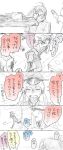 4girls ahoge anchor_hair_ornament bare_shoulders bismarck_(kantai_collection) blush breasts chair closed_eyes collarbone collared_shirt comic covering_face gangut_(kantai_collection) hair_between_eyes hair_ornament hands_on_another&#039;s_face hat irako_(kantai_collection) iron_cross kantai_collection long_hair long_sleeves low_twintails military military_hat military_uniform multiple_girls noren oktyabrskaya_revolyutsiya_(kantai_collection) open_mouth peaked_cap prinz_eugen_(kantai_collection) round_teeth shirt short_sleeves sleeveless sliding_doors sv sweatdrop table tackle teeth traditional_media translation_request trembling twintails uniform 