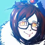  1girl :&gt; black-framed_eyewear blue_background close-up coat face fur-trimmed_jacket fur_trim hair_bun hair_ornament hair_stick jacket looking_at_viewer mei_(overwatch) overwatch parka portrait sijia_wang simple_background snowflake_hair_ornament solo winter_clothes winter_coat yellow_eyes 