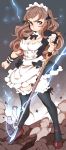  1girl apron bangs black_legwear blunt_bangs bow bowtie breasts brown_hair cleavage clenched_hand commentary detached_collar dress dust eyebrows frilled_dress frilled_legwear frills frown hair_ribbon holding holding_sword holding_weapon idolmaster idolmaster_cinderella_girls kamiya_nao lightning long_hair looking_at_viewer maid maid_apron maid_headdress orange_maru puffy_sleeves red_eyes ribbon serious shoes solo sword thigh-highs wavy_hair weapon wrist_cuffs 