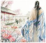  4boys architecture black_hair broom day east_asian_architecture faceless faceless_male facing_away flower lan_wen_xuan long_hair male_focus multiple_boys outdoors peony_(flower) standing traditional_media tree very_long_hair watercolor_(medium) 