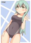  1girl aqua_eyes aqua_hair blush breasts cleavage competition_swimsuit covered_navel hair_ornament hairclip highres kantai_collection long_hair looking_at_viewer medium_breasts one-piece_swimsuit pepatiku smile solo suzuya_(kantai_collection) swimsuit twitter_username wet wet_clothes wet_swimsuit 
