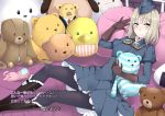 1girl absurdres artist_name blush boots commentary_request formation_girls georgina_freddy_burring gloves goggles goggles_around_neck hat highres kaeru_no_ashi lying on_back pantyhose stuffed_animal stuffed_toy teddy_bear translation_request 