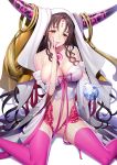  1girl ass bangs bare_shoulders black_hair blush breasts cleavage detached_sleeves dress facial_mark fate/extra fate/extra_ccc fate_(series) finger_to_mouth forehead_mark gluteal_fold horns large_breasts lips long_hair looking_at_viewer navel off-shoulder_dress off_shoulder parted_bangs purple_legwear revealing_clothes ririko_(zhuoyandesailaer) sesshouin_kiara sitting thigh-highs thighs veil very_long_hair wariza yellow_eyes 