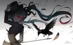  1girl bai_yemeng bird black_ribbon blue_hair blurry closed_mouth crow depth_of_field feathers floating_hair from_side gloves glowing glowing_eyes hair_ribbon hat hatsune_miku holding jacket open_clothes open_jacket red_eyes ribbon smile smirk solo top_hat twintails upper_body vocaloid white_gloves 