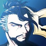  1boy beard black_hair blue_background close-up face facial_hair gradient gradient_background grey_eyes hanzo_(overwatch) long_hair looking_at_viewer male_focus overwatch ponytail portrait sijia_wang simple_background solo 