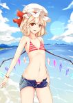  1girl absurdres bikini blue_sky clouds cloudy_sky cowboy_shot day flandre_scarlet flat_chest hat hat_ribbon highres lens_flare looking_at_viewer mob_cap mu_yan navel outdoors pointy_ears red_bikini red_ribbon ribbon short_shorts shorts skirt sky smile striped striped_bikini swimsuit touhou water wings 