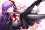  1girl bb_(fate/extra_ccc) black_legwear bow breasts fate/extra fate/extra_ccc fate_(series) flower gloves hair_bow large_breasts legs_up looking_at_viewer naso4 purple_hair red_bow smile smirk solo thigh-highs violet_eyes white_gloves white_legwear 