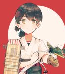  1girl aircraft airplane black_hair brown_eyes flight_deck folded_ponytail gloves hakama itomugi-kun japanese_clothes kantai_collection kasuga_maru_(kantai_collection) looking_at_viewer partly_fingerless_gloves red_hakama short_hair short_sleeves smile solo string upper_body yugake 