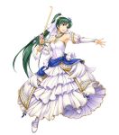  1girl armpits bangs bare_shoulders breasts bridal_gauntlets bride candle dress earrings fire_emblem fire_emblem:_rekka_no_ken fire_emblem_heroes flower full_body green_eyes green_hair hair_flower hair_ornament high_ponytail highres holding jewelry long_hair looking_at_viewer looking_away lyndis_(fire_emblem) medium_breasts necklace official_art open_mouth ponytail smile solo strapless strapless_dress transparent_background very_long_hair wedding_dress white_dress yamada_koutarou 