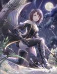  1girl armor black_legwear brown_eyes brown_hair cross dungeon_and_fighter jewelry looking_at_viewer necklace ozzingo rain short_hair smile solo thigh-highs water_drop wet 