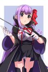  1girl bb_(fate/extra_ccc) blush breasts fate/extra fate/extra_ccc fate/grand_order fate_(series) gloves hair_ribbon highres karahai_(31448823) long_hair looking_at_viewer purple_hair ribbon solo standing very_long_hair violet_eyes wand white_gloves 