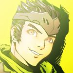  1boy black_hair brown_eyes close-up face forehead_protector genji_(overwatch) green_background looking_at_viewer male_focus overwatch portrait scarf sijia_wang simple_background solo young_genji younger 