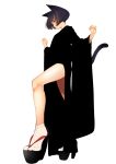  1girl animal_ears bare_legs black_hair blending cat_ears commentary_request eyebrows_visible_through_hair full_body high_heels highres japanese_clothes looking_at_viewer multicolored_hair okobo open_toe_shoes original redhead sandals shoes short_hair simple_background socks solo tabi tail tsukino_wagamo two-tone_hair violet_eyes white_background white_legwear 