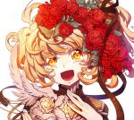  1girl :d blonde_hair flower hair_flower hair_ornament hand_on_own_chest looking_at_viewer official_art open_mouth rose simple_background smile solo tanya_degurechaff toda_youkon upper_body white_background yellow_eyes youjo_senki 