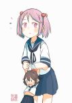  2girls blush_stickers brown_hair commentary_request dangling fairy_(kantai_collection) hair_between_eyes hair_bobbles hair_ornament kantai_collection kitsuneno_denpachi multiple_girls open_mouth pink_eyes pink_hair pleated_skirt sazanami_(kantai_collection) school_uniform serafuku skirt smile surprised teeth translation_request twintails white_background 