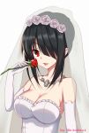  1girl artist_name bare_shoulders black_hair breasts bridal_veil cleavage date_a_live dress flower frills hair_over_one_eye hair_up jewelry large_breasts lips long_hair looking_at_viewer necklace parted_lips qingchen_(694757286) red_eyes red_rose rose sidelocks solo strapless strapless_dress tokisaki_kurumi upper_body veil wedding_dress 