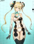  1girl alpha_go alphago black_legwear blonde_hair blush breasts bright_pupils character_name cleavage_cutout cowboy_shot elbow_gloves gloves google green_eyes hair_ornament light_smile long_hair looking_at_viewer mecha_musume medium_breasts personification revealing_clothes signature thigh-highs twintails yang-do 