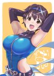  &gt;:d 1girl :d armpits bangs belt black_gloves black_hair blush breasts brown_eyes cow elbow_gloves eyebrows_visible_through_hair gloves hair_between_eyes hairband heart heart_belt idolmaster idolmaster_cinderella_girls large_breasts looking_at_viewer official_style oikawa_shizuku open_mouth orange_background short_hair smile solo sparkle tareme upper_body youhei_(testament) zipper 