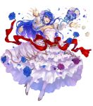  1girl armpits bangs blue_eyes blue_hair bouquet breasts cleavage detached_collar dress eyebrows_visible_through_hair fire_emblem fire_emblem:_mystery_of_the_emblem fire_emblem_heroes flower full_body hair_flower hair_ornament hairband high_heels highres long_hair looking_away medium_breasts official_art open_mouth petals sakai_yoshikuni sheeda smile solo transparent_background wedding_dress white_dress 